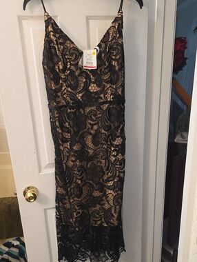 David's Bridal Black Lace over Nude Midi Dress